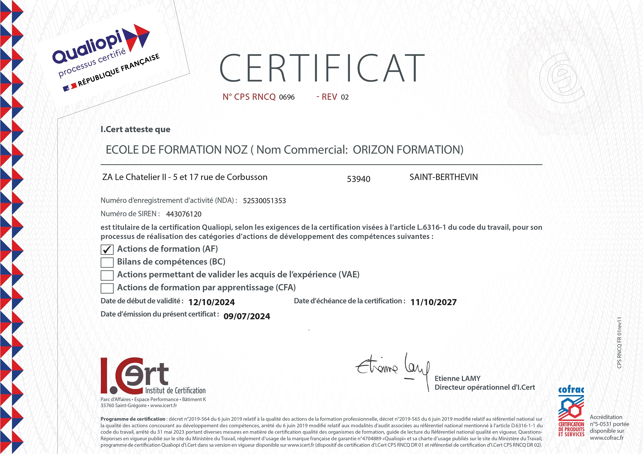 Certificat du Mar 27, 2026